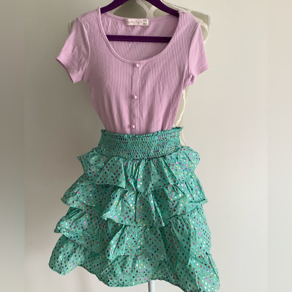 Peek Lavender Top and Green Polka Dot Ruffle Skirt Set